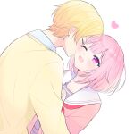  1boy 1girl :d blush cardigan closed_eyes collarbone dutch_angle facing_another from_side grey_shirt heart hetero highres long_sleeves looking_at_another neckerchief one_eye_closed ootori_emu open_mouth orange_hair pink_cardigan pink_eyes pink_hair pnyo_emc profile project_sekai red_neckerchief sailor_collar shirt simple_background smile tenma_tsukasa upper_body white_background white_sailor_collar white_shirt yellow_cardigan 