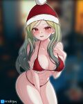  1girl artist_name bandaid bandaid_on_face bandaid_on_nose between_legs bikini blonde_hair blurry blurry_background breasts christmas facial_mark fur-trimmed_headwear fur_trim gradient_hair grey_hair hand_between_legs hat heart heart_facial_mark highres jingburger large_breasts leaning_forward long_hair looking_at_viewer micro_bikini multicolored_hair navel official_alternate_hairstyle open_mouth paid_reward_available red_bikini red_eyes red_headwear santa_hat solo string_bikini swimsuit trashguy waktaverse 