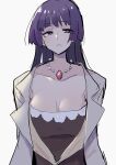  1girl arms_behind_back bead_necklace beads black_shirt blunt_bangs blunt_sidelocks breasts brown_jacket cleavage closed_mouth collarbone expressionless hachijou_ikuko highres hime_cut jacket jewelry large_breasts long28 long_hair looking_at_viewer necklace partially_shaded_face purple_hair shirt sidelocks simple_background solo umineko_no_naku_koro_ni white_background 