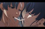  2girls ado_(utaite) blue_eyes blue_hair cigarette cigarette_kiss cloud_nine_inc collarbone collared_shirt commentary_request earclip earrings eye_contact highres holding holding_cigarette jewelry letterboxed long_hair looking_at_another merry_(ado) multiple_girls naima_(ado) nori_(norinori_yrl) portrait readymade_(ado) shirt smoke usseewa voice_actor_connection white_shirt yuri 