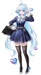  1girl 1i1 ahoge alternate_costume bag belt black_bag black_thighhighs blue_bow blue_bowtie blue_hair blue_shirt blue_skirt bow bowtie english_commentary furina_(genshin_impact) genshin_impact hair_between_eyes hair_intakes hand_on_own_hip hand_up handbag heterochromia high_heels highres light_blue_hair long_hair long_sleeves mismatched_pupils open_mouth school_uniform shirt simple_background skirt smile solo standing thighhighs v v_over_eye very_long_hair wavy_hair white_background white_belt white_footwear 