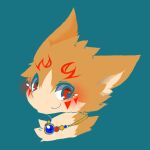 2014 ambiguous_gender anthro blue_background blush brown_body brown_fur canid canine fur headshot_portrait hi_res jewelry kemono kemorau mammal markings necklace noseless portrait red_markings simple_background smile solo tan_body tan_fur