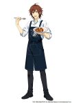  1boy ahoge amagase_touma apron black_pants brown_hair collared_shirt copyright_name curry english_commentary fingernails food full_body hair_between_eyes holding holding_plate holding_spoon idolmaster idolmaster_side-m male_focus official_art open_mouth pants plate shirt shoes smile solo spoon teeth upper_teeth_only white_background 