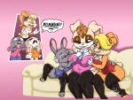 2022 4:3 5_fingers abject_horror absurd_res anthro anthro_on_anthro big_breasts blonde_hair blue_eyes bonnie_hopps bottomwear breast_fondling breast_grab breast_play breast_size_difference breast_suck breasts brown_eyes brown_hair brown_nose bunny_costume caught clothed clothing costume cream_the_rabbit cross-popping_vein crossover curvy_figure daughter_(lore) dialogue disney dress eyeshadow female female/female fingers fondling fur furniture gloves grey_body grey_ears grey_fur grey_skin group hair hand_on_breast handwear hi_res holding_both_ears horrified judy_hopps lagomorph larger_female leaning leaning_forward leporid licking licking_lips licking_own_lips lola_bunny long_ears looking_forward looney_tunes makeup mammal mature_female midriff mother_(lore) mother_and_child_(lore) mother_and_daughter_(lore) multicolored_body narrowed_eyes navel on_sofa one_eye_closed open_mouth orange_body orange_fur pants parent_(lore) parent_and_child_(lore) parent_and_daughter_(lore) patricia_bunny pillothestar pink_inner_ear pink_nose playboy_bunny purple_eyes purple_eyeshadow rabbit sega self_lick shirt shorts sitting size_difference slightly_chubby smaller_female sofa sonic_the_hedgehog_(series) sucking surprise tan_body tan_ears tan_fur tan_skin the_looney_tunes_show tongue tongue_out topwear trio two_tone_body vanilla_the_rabbit voluptuous warner_brothers zootopia