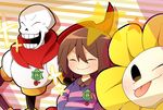  badge brown_hair closed_eyes flower flowey_(undertale) frisk_(undertale) hair_between_eyes hand_on_hip heart medal one_eye_closed papyrus_(undertale) purple_sweater red_scarf scarf skeleton smile sparkle star striped striped_background striped_sweater sweater tongue tongue_out undertale wate2 yellow_flower 