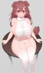  1girl absurdres animal_ears blush bone_hair_ornament braid breasts brown_eyes brown_hair curvy dog_ears dog_girl dog_tail gabai hair_ornament highres hololive huge_breasts inugami_korone long_hair looking_at_viewer meme_attire plump sitting solo sweater table tail thighs twin_braids virgin_killer_sweater virtual_youtuber wide_hips 