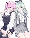  2girls :&lt; :o black_bow black_corset black_ribbon black_thighhighs blush bow bowtie buttoned_cuffs corset cowboy_shot cropped_jacket dot_nose earrings garter_straps green_hair grey_skirt hair_between_eyes hair_bow hair_ribbon hand_on_own_thigh hand_up head_tilt heart heart_earrings high-waist_skirt highres jacket jewelry kusanagi_nene legs_together long_bangs long_sleeves looking_at_viewer multiple_girls ootori_emu open_clothes open_jacket parted_lips pink_eyes pink_hair plaid plaid_jacket plaid_skirt pnyo_emc project_sekai purple_eyes ribbon shirt short_hair side-by-side sidelocks simple_background sitting skirt surgeon_cuffs thighhighs thighs white_background white_bow white_shirt 