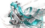  1girl :d absurdres arm_tattoo black_skirt black_sleeves black_thighhighs blue_eyes blue_hair blue_nails blue_necktie blue_skirt commentary detached_sleeves hair_between_eyes hair_ornament hatsune_miku hatsune_miku_happy_16th_birthday_-dear_creators- head_tilt highres kazenemuri layered_skirt long_hair miniskirt multicolored_clothes multicolored_skirt nail_polish necktie number_tattoo shirt skirt sleeveless sleeveless_shirt smile solo standing tattoo thighhighs twintails very_long_hair vocaloid white_shirt 