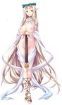  blonde_hair breasts celestine_lucullus elf green_eyes jewelry kuroinu_~kedakaki_seijo_wa_hakudaku_ni_somaru~ large_breasts long_pointy_ears looking_at_viewer lots_of_jewelry no_bra no_panties pointy_ears revealing_clothes simple_background solo solo_focus very_long_hair white_background 