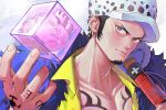  1boy artist_name black_hair chest_tattoo closed_mouth collarbone commentary earrings facial_hair finger_tattoo fur_hat goatee hand_tattoo hat heart_(organ) highres holding holding_sword holding_weapon jewelry male_focus mygiorni one_piece short_hair sideburns solo sword tattoo trafalgar_law weapon 