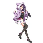  absurdres animal_band_legwear bag black_legwear casual cat_band_legwear full_body highres hood hooded_jacket jacket long_hair long_sleeves looking_at_viewer official_art open_clothes open_jacket open_mouth pleated_skirt purple_hair red_eyes shopping_bag skirt sleeves_past_wrists solo sword_art_online sword_art_online:_code_register thighhighs transparent_background white_skirt yuuki_(sao) 
