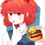  1girl blue_background blush burger commentary eik_s2 food hair_bobbles hair_ornament highres holding holding_food looking_at_viewer onozuka_komachi red_eyes red_hair solo symbol-only_commentary tongue tongue_out touhou two_side_up upper_body 