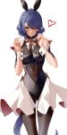  1girl animal_ears au_ra black_leotard blue_hair braid breasts brown_pantyhose covered_navel dragon_horns dragon_tail eyebrows_hidden_by_hair fake_animal_ears feet_out_of_frame final_fantasy final_fantasy_xiv gem hair_between_eyes heart highres horns leotard looking_at_viewer majo_(pastamajo) medium_breasts nail_polish neck_ribbon pantyhose playboy_bunny rabbit_ears ribbon scales short_hair solo tail warrior_of_light_(ff14) 