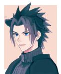  1boy animal_ears armor black_hair black_sweater blue_eyes crisis_core_final_fantasy_vii d8j0j dog_boy dog_ears earrings final_fantasy final_fantasy_vii highres jewelry looking_to_the_side male_focus orange_background parted_bangs pauldrons short_hair shoulder_armor simple_background smile spiked_hair stud_earrings sweater turtleneck upper_body zack_fair 