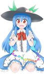  :d blue_hair blush bow dress food food_on_head fruit fruit_on_head hands happy hat highres hinanawi_tenshi king_(ougon_kingyo-bachi) layered_dress long_hair looking_at_viewer object_on_head open_mouth palms peach red_eyes seiza sitting smile solo touhou very_long_hair 