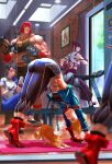  4girls abs absurdres arched_back ass bench biceps blue_jacket blurry blurry_foreground boots cammy_white cat cellphone chun-li combat_boots crop_top cropped_jacket dumbbell exercise gym han_juri highres jacket looking_at_another marisa_(street_fighter) mirror multiple_girls muscular muscular_female pants phone red_hair santa_fung sitting smartphone smile street_fighter street_fighter_6 stretching tall_female treadmill weightlifting yoga yoga_pants zangief 