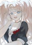  1girl :d black_choker black_shirt blue_eyes bow breasts choker cleavage collarbone crown danganronpa:_trigger_happy_havoc danganronpa_(series) enoshima_junko fuwa_ko highres large_breasts no_hair_ornament red_bow shirt short_sleeves simple_background smile solo swept_bangs teeth upper_body upper_teeth_only 