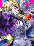  1girl apple blonde_hair bodysuit breasts detached_sleeves diabellze_of_the_original_sin dress duel_monster eye_of_horus fingernails food fruit gloves hat highres holding holding_food holding_fruit large_breasts long_fingernails long_hair multicolored_hair purple_hair smile solo streaked_hair white_bodysuit witch_hat yu-gi-oh! yukitaka_(zzzzz) 