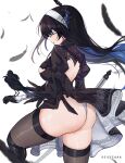  1girl 2b_(nier:automata) 2b_(nier:automata)_(cosplay) absurdres black_blindfold black_hair blindfold blue_hair breasts colored_inner_hair cosplay covered_eyes crystal_horn demon_horns highres holoadvent hololive hololive_english horns keisea large_breasts leotard long_hair mole mole_on_thigh mole_under_eye multicolored_hair nerissa_ravencroft nier:automata nier_(series) thong_leotard two-tone_hair very_long_hair virtual_youtuber 