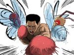  artist_request beedrill black_hair boxing_gloves butterfree muhammad_ali open_mouth pokemon real_life short_hair source_request sweat tongue 