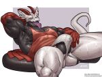 2_horns amon-sydonai anthro balls biceps bodily_fluids clothing dragon genitals hi_res horn male muscular muscular_anthro muscular_male pecs penis solo sweat tail tongue tongue_out underwear valefor