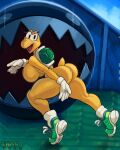 2024 anthro bald big_breasts black_eyes breasts censored chain_chomp clothing confident crossgender digital_drawing_(artwork) digital_media_(artwork) duo eyelashes featureless_breasts female female_focus footwear front_view glistening glistening_body gloves glowing glowing_eyes grass green_shell handwear hyper koopa koopa_the_quick koopa_troopa mario_bros mosaic_censorship nintendo nostrills open_mouth painted_background plant rear_view running scalie sharp_teeth shell shoes short_tail smile snao standing tail teeth thick_thighs yellow_body yellow_skin