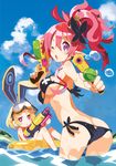  ;o animal_ears arched_back ass bikini black_bikini blonde_hair blue_sky breasts bright_pupils bunny_earmuffs bunny_ears butt_crack butterfly_hair_ornament cloud crown day disgaea dual_wielding earmuffs earrings eyebrows_visible_through_hair from_behind goggles goggles_on_head hair_between_eyes hair_ornament harada_takehito highres holding innertube jewelry jitome large_breasts leaning_forward looking_at_viewer looking_back makai_senki_disgaea_5 mini_crown multiple_girls nail_polish non-web_source official_art one-piece_swimsuit one_eye_closed outdoors partially_submerged pink_eyes pink_hair pink_nails pointy_ears purple_eyes scan seraphina_(disgaea) short_eyebrows short_hair side-tie_bikini sideboob sidelocks sky snorkel strap_gap string_bikini swimsuit thick_eyebrows trigger_discipline twisted_torso underboob usalia_(disgaea) wading water_gun white_swimsuit 