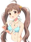  1girl ahoge bare_shoulders bikini blue_bikini blush breasts brown_eyes brown_hair cleavage collarbone cropped_torso dot_nose food front-tie_bikini_top front-tie_top goma_konbu hair_ornament hakozaki_serika hand_up highres holding holding_food holding_popsicle idolmaster idolmaster_million_live! idolmaster_million_live!_theater_days jewelry long_hair looking_at_viewer navel necklace open_mouth polka_dot polka_dot_bikini popsicle simple_background small_breasts solo star_(symbol) star_hair_ornament sweat swimsuit twintails very_long_hair white_background 