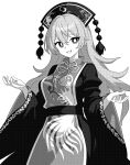  1girl chinese_clothes dress greyscale hair_between_eyes junko_(touhou) long_hair long_sleeves looking_at_viewer monochrome onkn_sxkn open_mouth phoenix_crown simple_background smile solo tabard touhou white_background wide_sleeves 