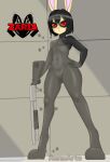 absurd_res angry anthro belly breasts clothing fan_character female gun hand_on_hip hi_res lagomorph leporid looking_at_viewer low-angle_view mammal rabbit ranged_weapon red_eyes renyartz shotgun simple_background solo standing thick_thighs uniform weapon