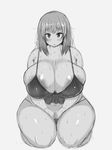  areola_slip areolae armpit_hair blush breasts cleavage curvy female full_body huge_breasts kneeling large_areolae long_hair looking_at_viewer monochrome navel open_mouth original plump sanagimaru7974 sitting solo sweat tensai427 thick_thighs white_background wide_hips 