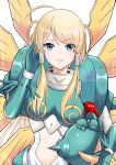  1girl adjusting_hair angel_wings armor blonde_hair clothing_cutout digimon gauntlets green_eyes helmet highres lips long_hair looking_at_viewer navel no_headwear ofanimon shingetsu_(doru0222) shoulder_armor stomach_cutout wings 