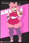 abstract_background absurd_res amy_rose anthro big_breasts breasts clothed clothing curvy_figure digital_drawing_(artwork) digital_media_(artwork) dress eulipotyphlan female footwear fur gesture gloves green_eyes hair hand_on_hip handwear hedgehog hi_res lobokosmico looking_at_viewer mammal pink_body sega simple_background solo sonic_boom sonic_the_hedgehog_(series) standing tail text thick_thighs v_sign wide_hips wraps