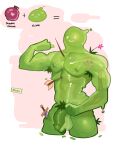  1boy abs armpit_hair armpit_hair_peek arrow_in_body bara boki_(haideebobs) colored_skin completely_nude cropped_legs flaccid flexing flower green_skin highres impaled large_pectorals love_potion male_focus male_pubic_hair monster_boy muscular muscular_male nipples nude original pectorals penis pubic_hair skull slime_boy smiley_face solo stomach thick_thighs thighs uncensored 
