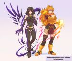  2girls ahoge bare_shoulders belt black_footwear black_hair black_pants blake_belladonna blonde_hair boots breasts cleavage commission dc_comics elbow_gloves fire gauntlets gloves highres justice_league mask multiple_girls pants rwby rwby_x_justice_league shadow short_hair simple_background smile twitter_username yang_xiao_long yellow_footwear yellow_nicky 