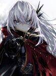  1girl absurdres black_cloak blue_eyes breasts cloak crossed_bangs fate/grand_order fate_(series) feather_hair_ornament feathers gun hair_between_eyes hair_ornament highres kino_kokko red_cloak saika_magoichi_(fate) sidelocks small_breasts solo weapon white_hair 