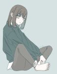  1girl barefoot blue_sweater brown_eyes brown_hair brown_pants closed_mouth commentary_request grey_background highres long_sleeves looking_at_viewer medium_hair original pants sakashima_0822 sidelocks signature simple_background sitting solo sweater 
