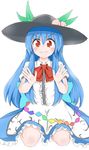  &gt;:) blue_hair blush bow dress food food_on_head fruit fruit_on_head hands hat highres hinanawi_tenshi king_(ougon_kingyo-bachi) layered_dress long_hair looking_at_viewer object_on_head palms peach red_eyes seiza sitting smile smug solo touhou v-shaped_eyebrows very_long_hair 