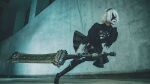  1girl 2b_(nier:automata) absurdres beastlord_(sword) black_blindfold black_dress black_footwear black_hairband blindfold boots breasts cleavage cosplay_photo dress gloves hairband high_heel_boots high_heels highres holding holding_sword holding_weapon juliet_sleeves long_sleeves nier:automata nier_(series) photo_(medium) puffy_sleeves puutin_cos running short_hair solo sword thigh_boots weapon white_hair 