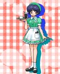  1girl black_footwear blue_hair circle coffee_cup cup disposable_cup full_body green_headwear ice notebook pen ranma_1/2 short_hair smile socks soda solo standing tendou_akane waitress wanta_(futoshi) white_socks 