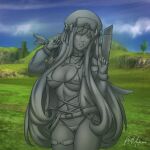 armor artist_request beret bra breasts cleavage covered_nipples goggles hair_ribbon hat large_breasts navel non-web_source original petrification realistic ribbon sad scared signature sword thighs twintails underwear weapon 