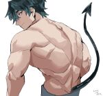  003_ssq 1boy back back_focus back_muscles bara cowboy_shot demon_tail from_behind green_hair highres looking_at_viewer male_focus muscular muscular_male original seductive_smile short_hair smile solo tail thick_eyebrows 