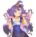  1girl ;3 acerola_(pokemon) artist_name blue_dress closed_mouth cowboy_shot dress flipped_hair looking_at_viewer multicolored_clothes multicolored_dress one_eye_closed paw_pose pokemon pokemon_sm purple_eyes purple_hair short_eyebrows short_hair short_sleeves simple_background smile solo stitches topknot topopopokoko twitter_username white_background 