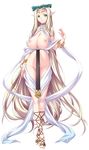  blonde_hair breasts celestine_lucullus elf green_eyes jewelry kuroinu_~kedakaki_seijo_wa_hakudaku_ni_somaru~ large_breasts long_pointy_ears looking_at_viewer lots_of_jewelry no_bra no_panties pointy_ears revealing_clothes simple_background solo solo_focus very_long_hair white_background 