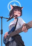  1girl absurdres alfie_(tmdals7645) animal_ears black_choker black_hair blue_archive blush breasts cat_ears choker closed_eyes colored_inner_hair electric_guitar extra_ears guitar highres holding holding_instrument instrument kazusa_(blue_archive) medium_breasts microphone microphone_stand multicolored_hair music open_mouth pink_hair playing_instrument pleated_skirt shirt short_hair short_sleeves skirt smile solo white_shirt white_skirt 