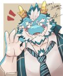 anthro blue_body blush dragon eyebrows facial_hair gesture hair hi_res horn kt0414143919 lifewonders male mature_male musclegut necktie ok_sign qinglong solo thick_eyebrows tokyo_afterschool_summoners white_hair yellow_eyes
