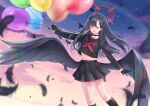  1girl balloon black_choker black_feathers black_gloves black_hair black_sailor_collar black_skirt black_socks blue_archive choker closed_eyes commentary_request cropped_shirt falling_feathers feathered_wings feathers feet_out_of_frame gloves gradient_sky highres holding holding_balloon ichika_(blue_archive) long_hair long_sleeves low_wings midriff navel neckerchief open_mouth parted_bangs purple_sky red_neckerchief sailor_collar simusong skirt sky smile socks solo thighs wings 