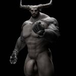 1:1 2_horns 3d_(artwork) abs absurd_res balls beard biceps big_penis black_background black_hair cybernetic_arm cybernetic_eye cybernetic_limb cybernetics digital_media_(artwork) dragon_age eye_scar facial_hair facial_scar fist genitals grey_body grey_skin hair hi_res horn horned_humanoid humanoid iron_bull machine male navel nipples not_furry nude pecs penis pubes qunari scar simple_background solo tattoo vein veiny_penis voluox