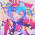  +_+ 1girl :d animal_ears black_bow black_bowtie blue_eyes blue_hair blush bow bowtie cane cat_ears dutch_angle fake_animal_ears fangs floating_hair hair_between_eyes hair_ribbon hand_on_own_hip hat hatsune_miku head_tilt highres holding holding_cane long_sleeves looking_at_viewer medium_hair one_eye_closed open_mouth pnyo_emc project_sekai puffy_long_sleeves puffy_sleeves red_headwear red_shirt ribbon shako_cap shirt sidelocks smile solo two_side_up upper_body vocaloid wonderlands_x_showtime_miku yellow_ribbon 