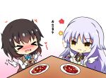  &gt;_&lt; 2girls :t angel_beats! angel_wings aoi_erika black_hair blush bright_pupils brown_vest chibi chibi_only closed_mouth commentary_request eating food food_on_face frown hair_between_eyes heaven_burns_red highres holding holding_spoon jacket long_hair long_sleeves mapo_tofu multiple_girls neck_ribbon nose_blush open_mouth ribbon school_uniform sekibaracheice shirt short_hair simple_background sound_effects sparkle spoon table tachibana_kanade tears twitching upper_body vest white_background white_hair white_pupils white_shirt wings yellow_eyes yellow_jacket yellow_ribbon 